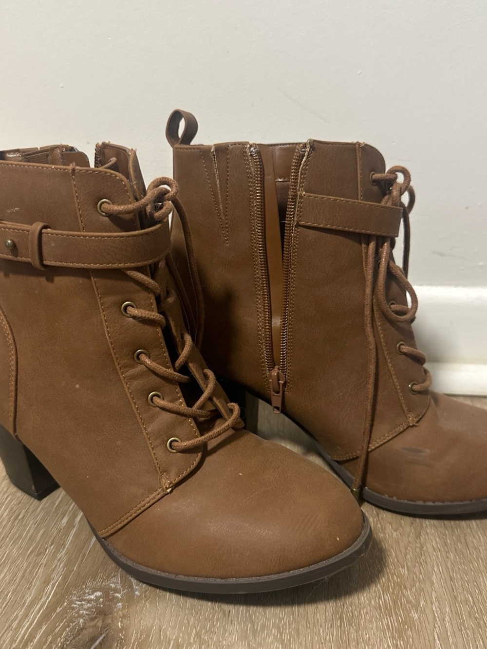 Shoe Dazzle Cognac Lace-Up Ankle Boots with Block Heel